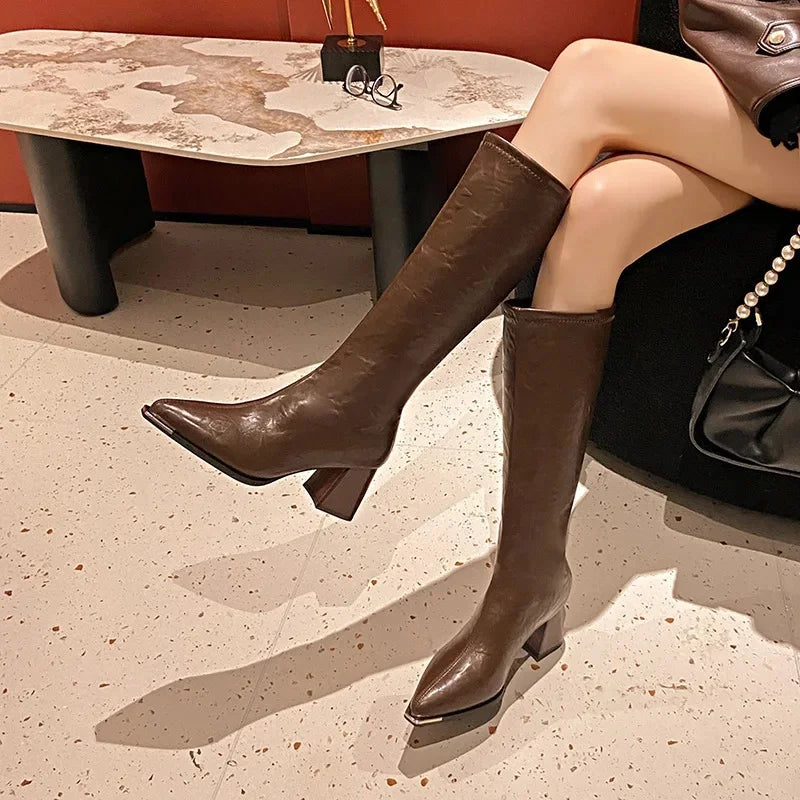 Dedo do pé apontado botas longas de salto alto feminino outono inverno nova moda magro botas altas confortáveis botas de cavaleiro de salto grosso