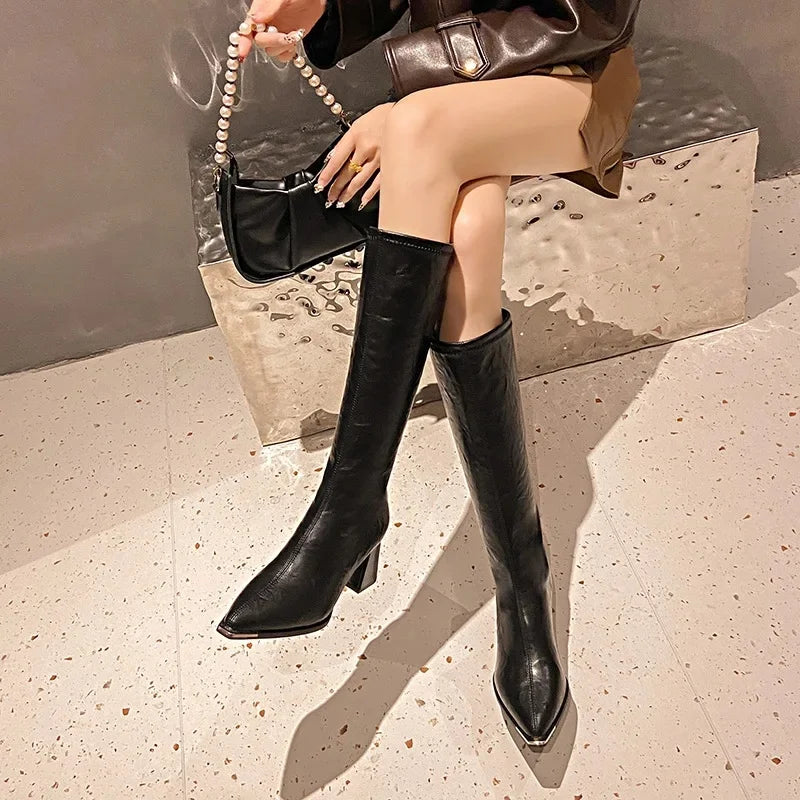 Dedo do pé apontado botas longas de salto alto feminino outono inverno nova moda magro botas altas confortáveis botas de cavaleiro de salto grosso