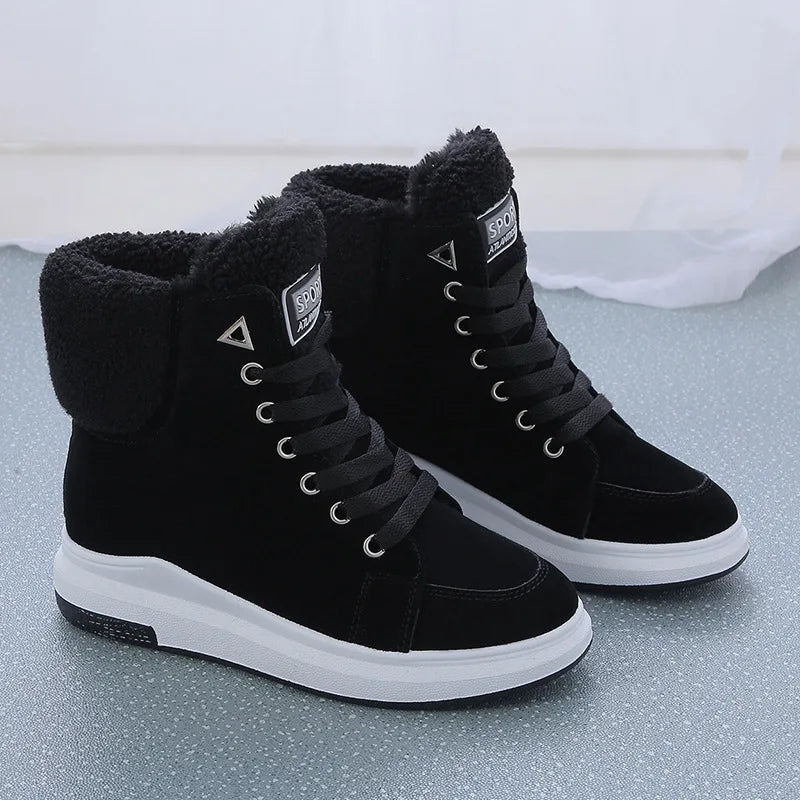 Plataforma sapatos femininos de inverno tênis de pele quente de pelúcia senhora sapatos casuais rendas moda mulher chunky tênis tenis femme
