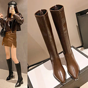 Dedo do pé apontado botas longas de salto alto feminino outono inverno nova moda magro botas altas confortáveis botas de cavaleiro de salto grosso